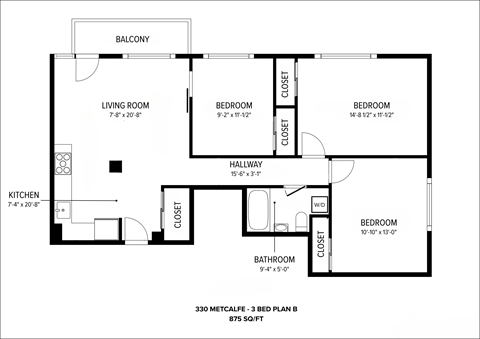 Floor plan for 3 beds, 1 bath, 1 sqft